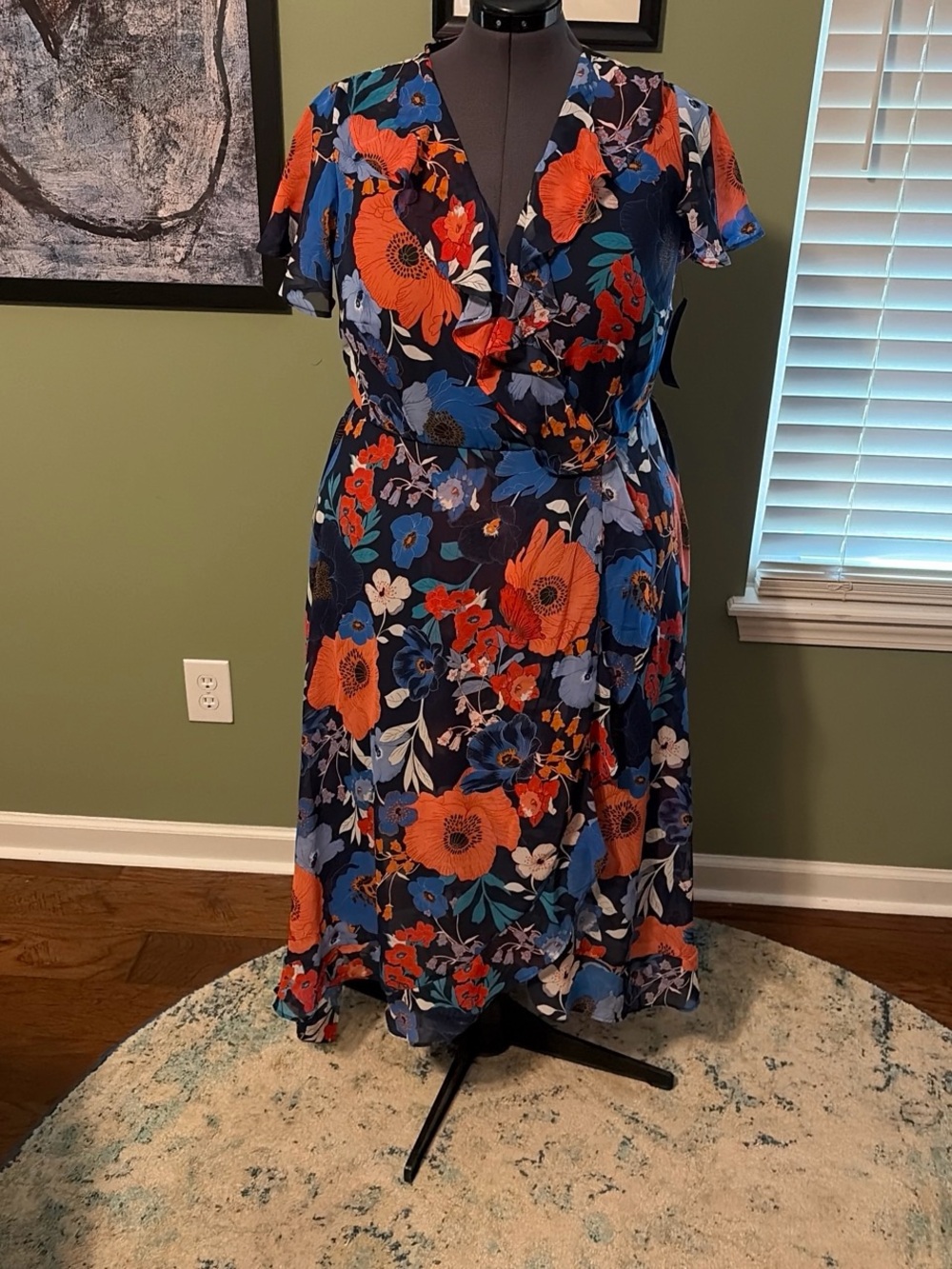Lane Bryant Navy Wrap Maxi Dress with Orange & Blue Floral Print